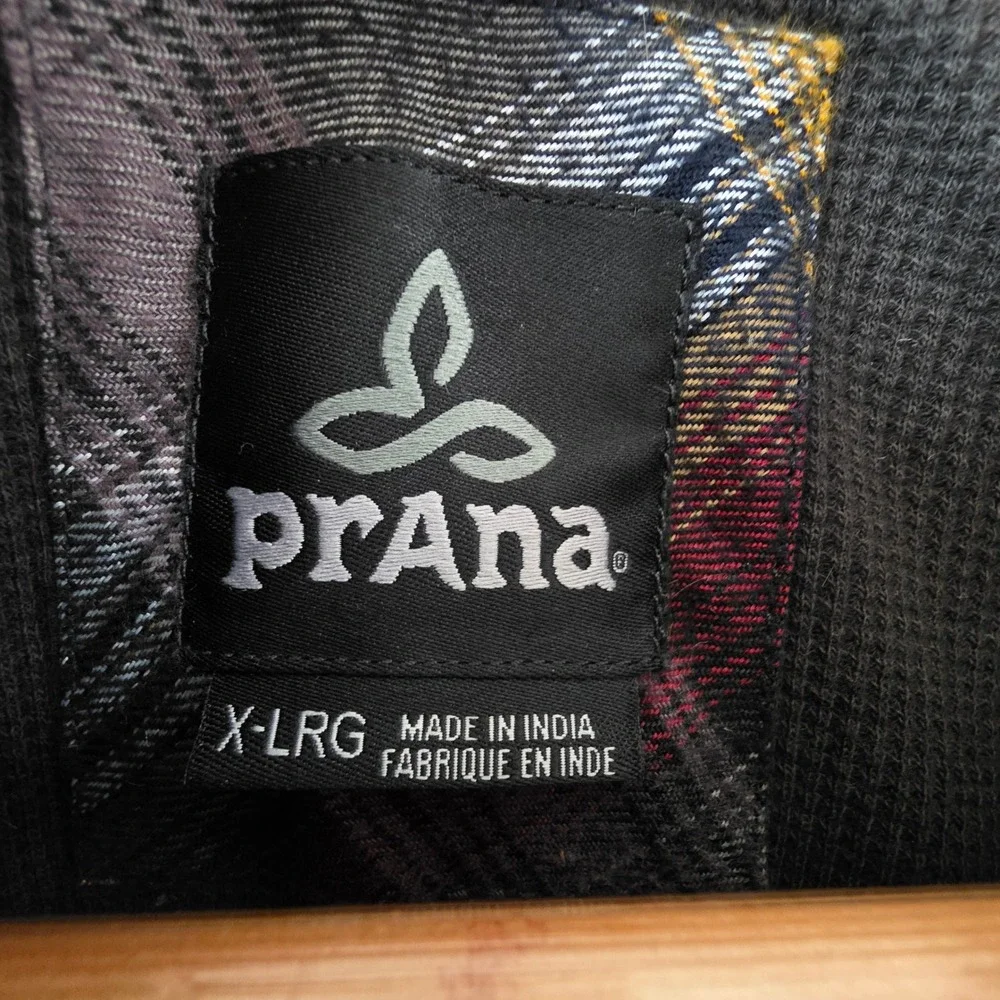 Prana Mens XL Plaid Flannel Shirt Jacket Thermal Lined Snap Front Purple Yellow